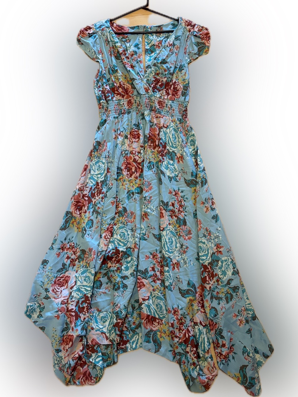 Nostalgia Floral Maxi Dress Handkerchief Hem in Light Blue and Rose - gorgeous!